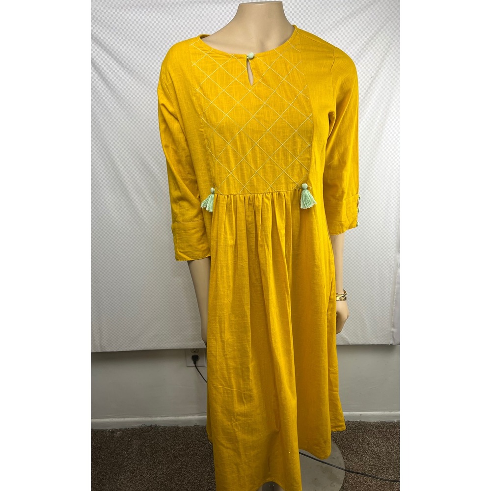 Idalia Yellow Cotton Kurti Tunic Dress with Tassel Detail Size L‎